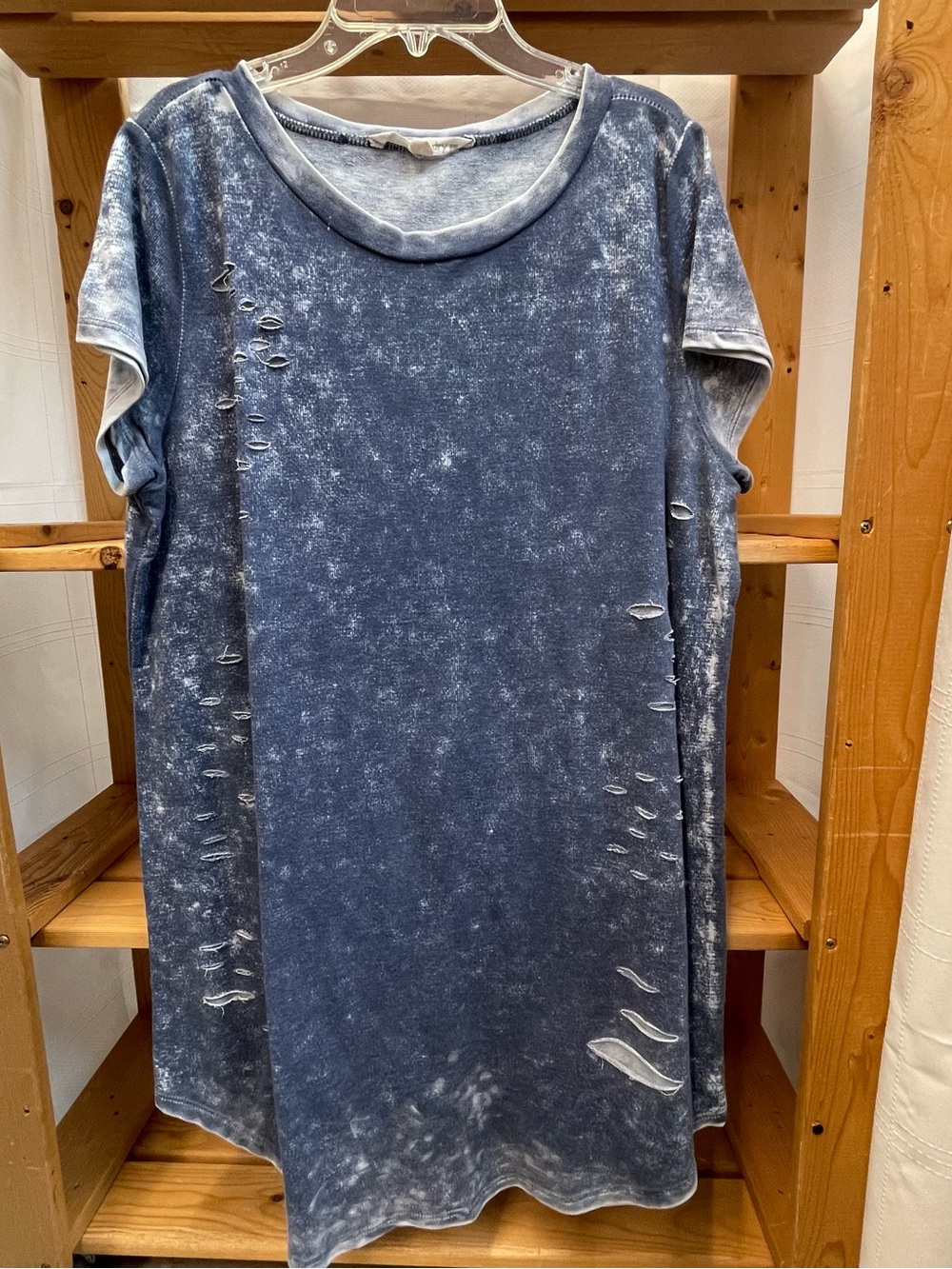Hippie Laundry Acid Wash Distressed Short Sleeve Dres Faded Navy L Large MomCore